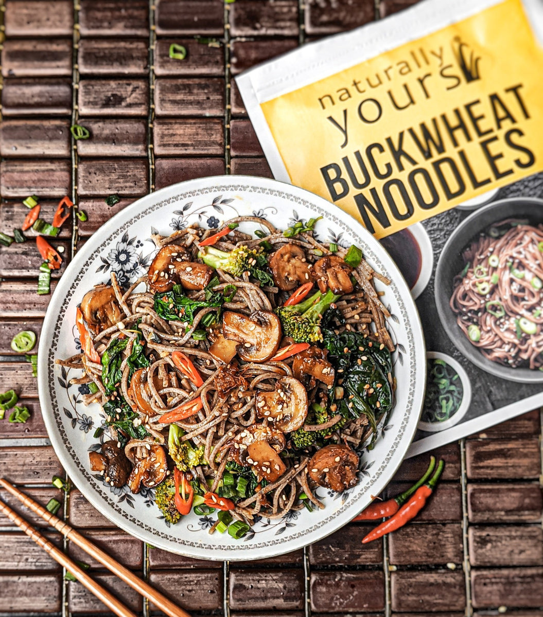 Glazed mushroom & broccoli soba noodles