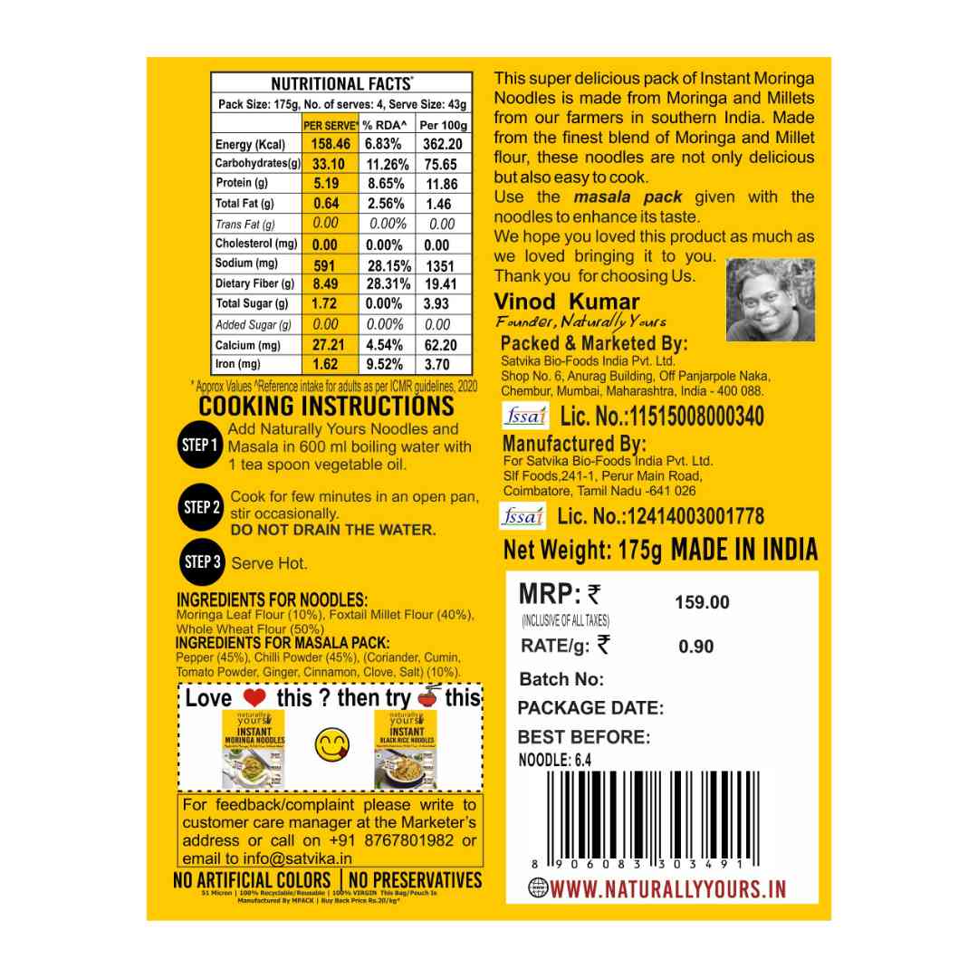Moringa Instant Ramen Noodles - Rich in Protein, Fiber, & Calcium - Ready in 2 Mins - 175g (Pack of 3)