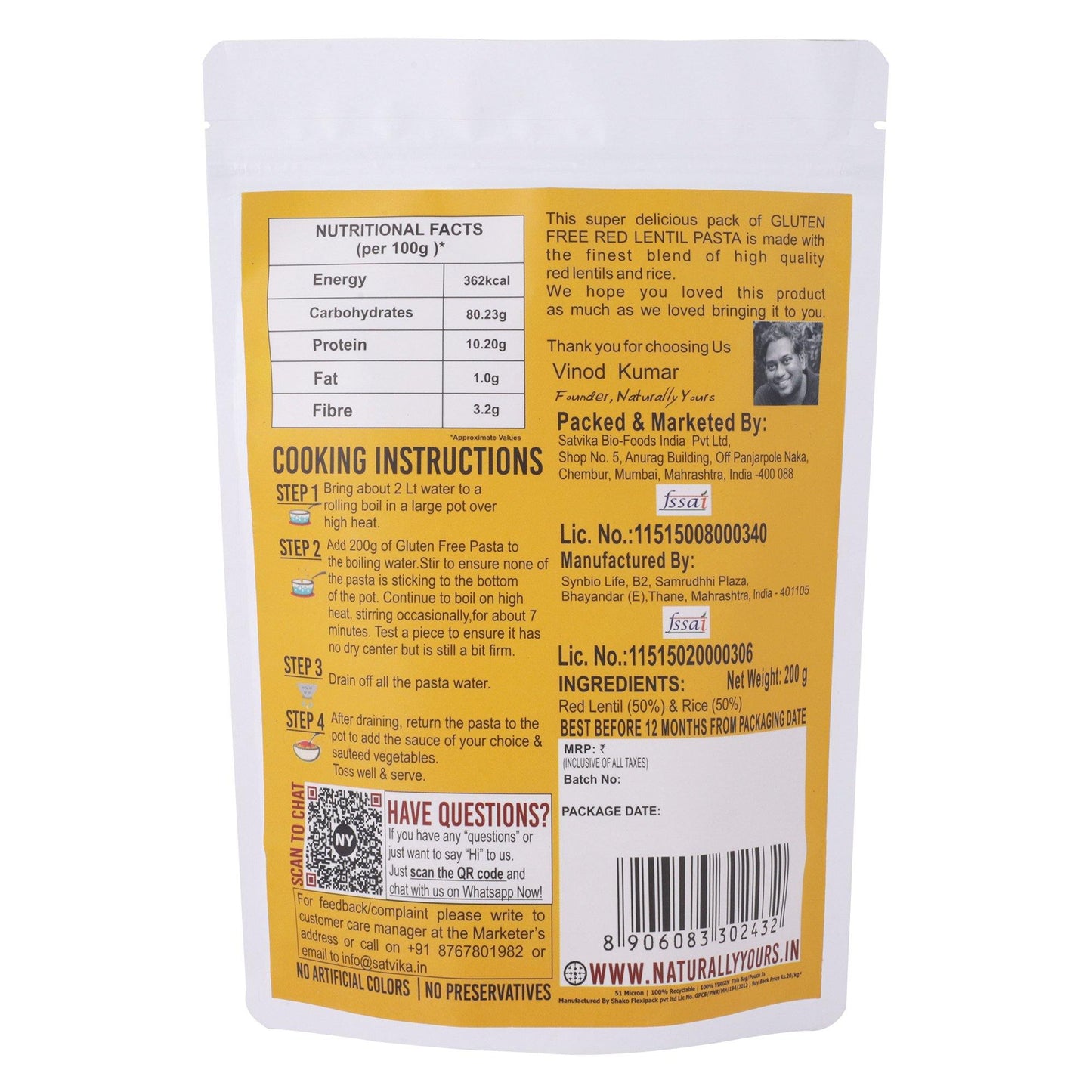 Gluten-Free Red Lentil Pasta 200g - Naturally Yours