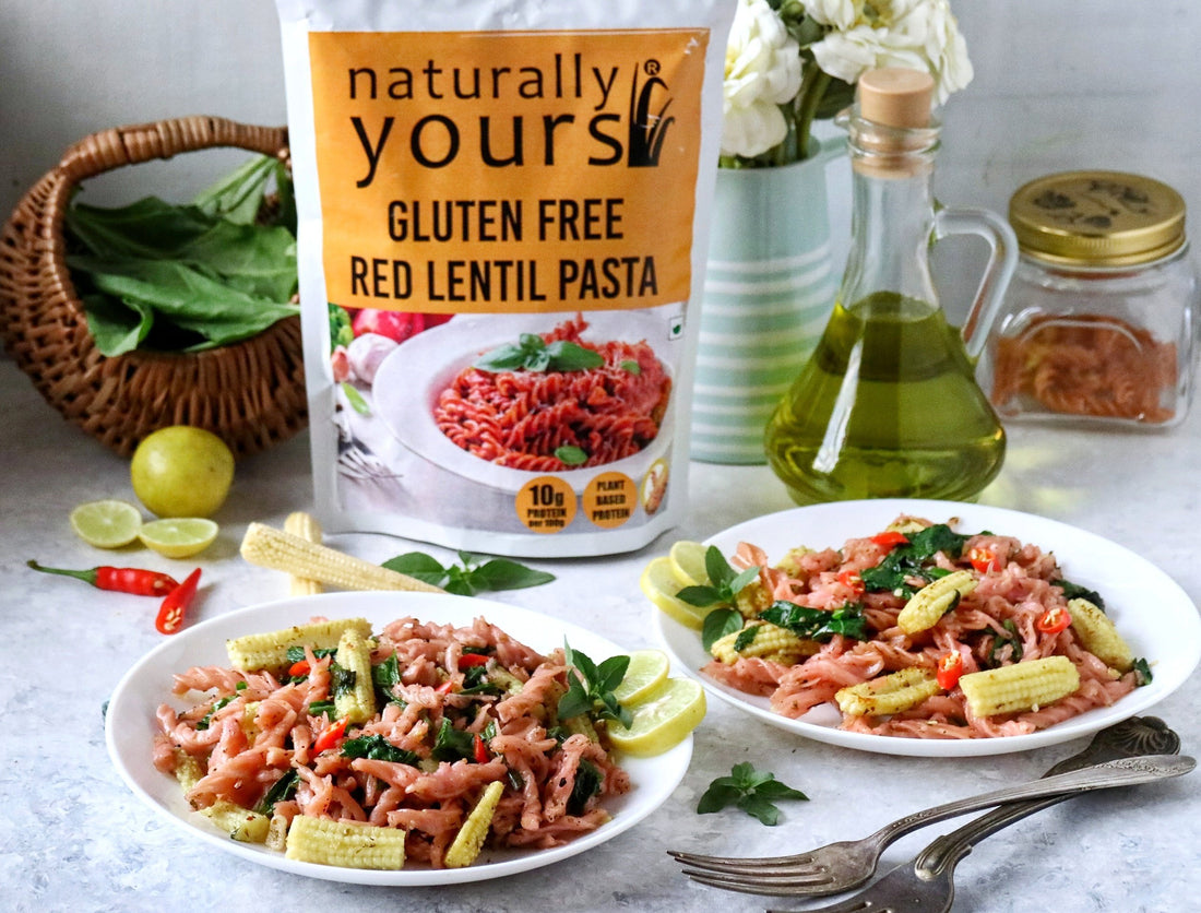 Spinach and Baby Corn Red Lentil Pasta | Naturally Yours